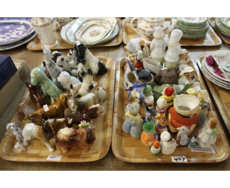 Two trays of assorted china to include various pottery and ceramic dog figurines to include Scotty dog, Dalmations, Retriever