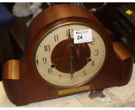 Mid 20th century mahogany cased domed presentation three train mantle clock. 