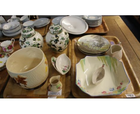 Two trays of assorted china to include pair of Mason's ironstone chartreuse ginger jars and covers, Sylvac leaf design pedest