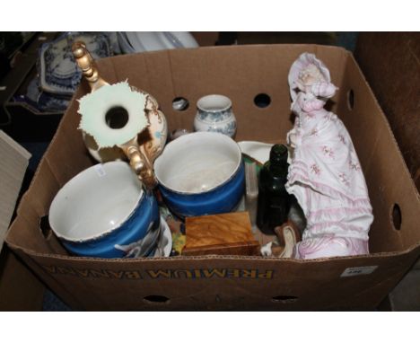 Tray of assorted items to include large continental figure of a Victorian lady, Staffordshire jelly mould, Crown Ducal gravy 