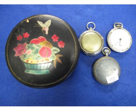Papermache butterfly decorated jar and cover containing two pocket watches and compass. 