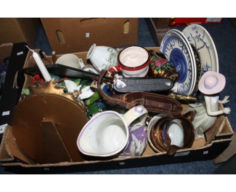 Tray of mainly assorted china to include copper lustre dresser jugs, Wedgwood blue and white commemorative collectors plates,