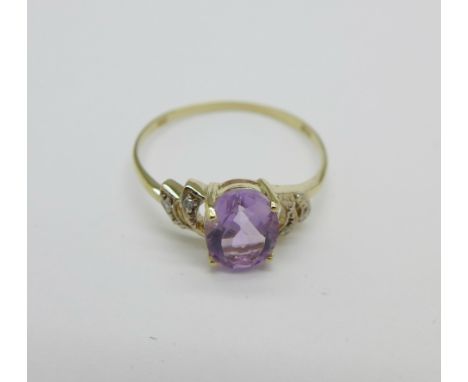 A 9ct gold, amethyst and diamond ring, 1.3g, P
