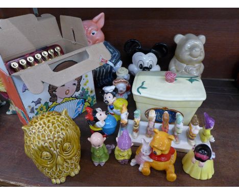 A Seven Dwarfs toast rack, novelty cruets, a child's accordion, boxed, a Mr. Merchant Banker pig money bank, a Sylvac owl mon