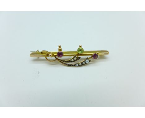 A 9ct gold, amethyst, peridot and pearl brooch, in case, 2.1g