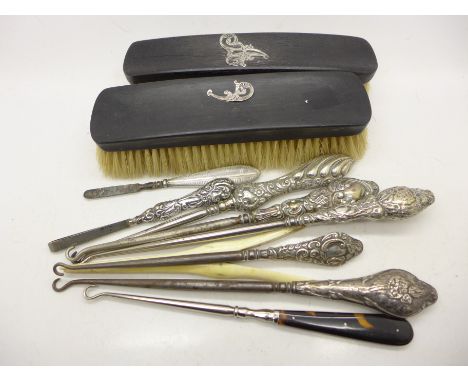 Silver handled button hooks, etc.