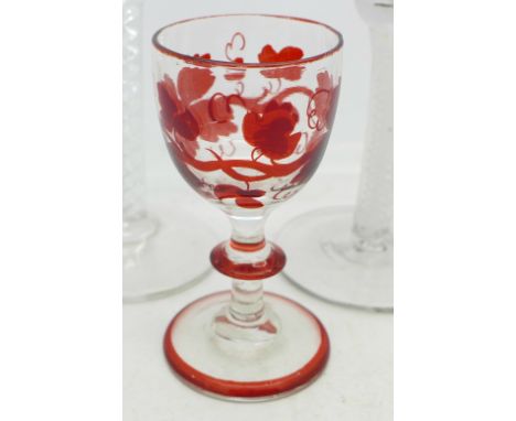 Two early 19th Century glass wines with twist stems and one with etched bowl, both a/f, and one other ruby glass wine, talles