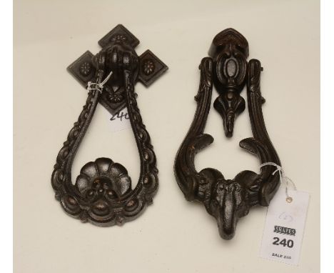 A Victorian metal door knocker, decorated with rams head terminal, also with similar Victorian door knocker, stamped AK & Son