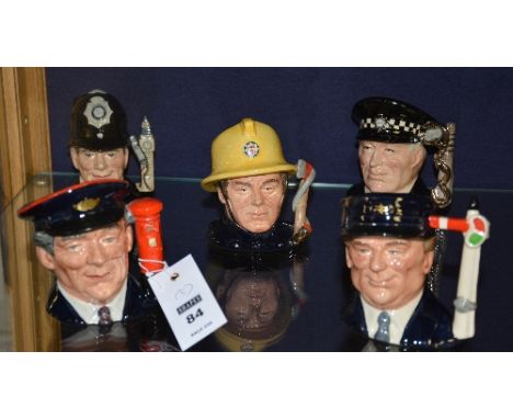 Five small Royal Doulton character jugs,comprising of the Postman no.3099, the Fireman no.1911, the Policeman no.604, the Eng