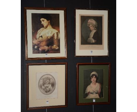After G Romney'Mrs Robinson'Coloured engraving, engraved by JR Smith, 31 x 24.5cm, together with three other portrait prints 