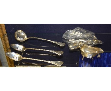 A mixed lot of 18th & 19th century flatware, comprising of three George IV matching tablespoons, hallmarks for London 1826-18