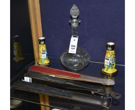 A mixed lot of collectables, comprising of three Oriental hand painted fans, glass decanter with stopper, pair of Noritake ca