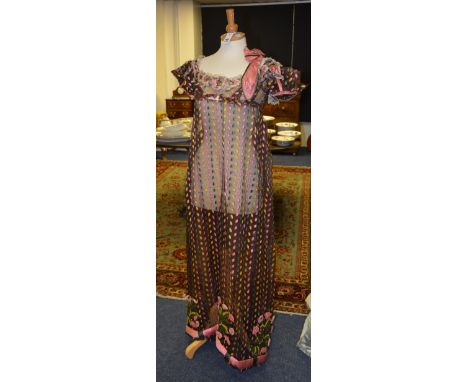 A Regency long empire line dress, belonging to Lady Elizabeth, 2nd Marchioness of Breadalbane (1803-1861), the brown mesh sil