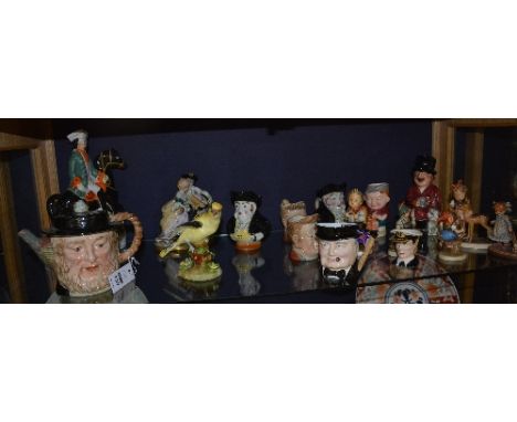 A mixed lot of toby character jugs, to include Beswick character tea pot of 'Peggotty', also with Staffordshire flatback figu