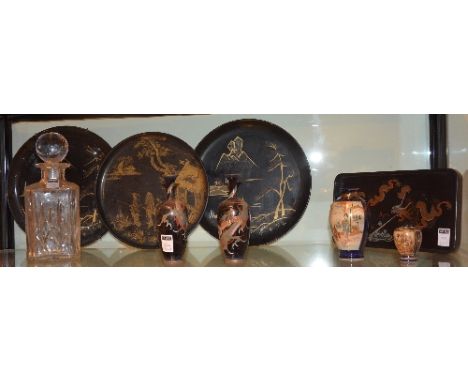A quantity of Japanese eggshell porcelain, together with two cloisonne vases depicting dragons on black ground, two small sat