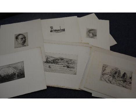 A quantity of 19th & 20th century unframed etchings and lithograph, all with Karlsruhe stamp, including Herman Goebel, Fredri