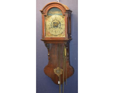 An 18th century Dutch oak wall clock, the printed dial with alarm and bearing painted Dutch galleon to the top above Roman Nu