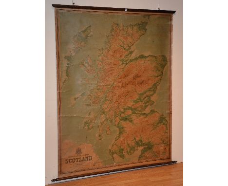 An early 20th century vintage orographical school map of Scotland by Jon Bartholomew & Son Ltd Edinburgh, 191cm long x 151.5c