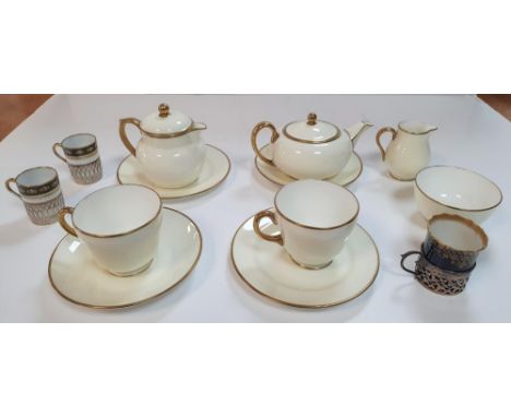 Wedgewood 2-cup tea set together with 3 miniature coffee cups, all with silver filigree holders (lot) 