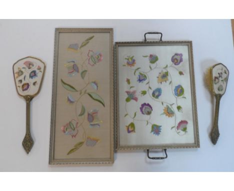 Collection of matching 20thC tapestry items to include a wall plaque, a tray & a ladies brush & mirror (4),All in fine, clean