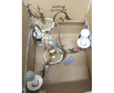 Vintage 3 armed Capodimonte style light fitting in brass &amp; porcelain. 