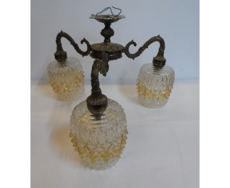 Early 20thC ceiling lights with 3 original glass light fittings on brass fixture 