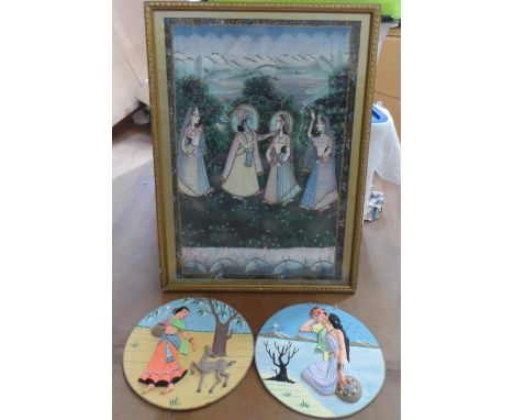 3 Indian school originals, the largest gouache depicting 4 well-dressed Indian ladies in a country landscape & 2 circular mix