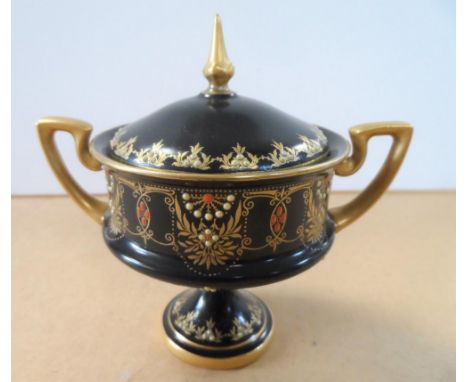 Royal Worcester black lidded Grecian urn, shape number 2749, circa 1891, height 8 cm,Appears in fine condition 