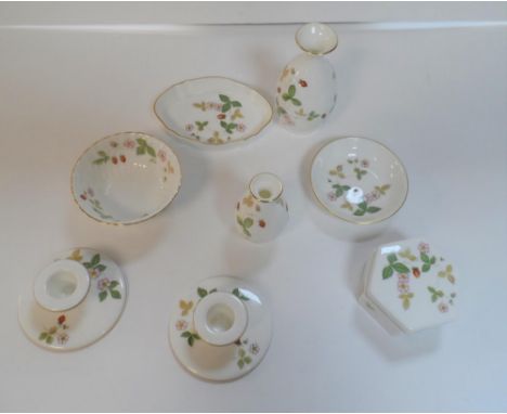 Wedgewood, wild strawberry collection including lidded box, pair of candle sticks,  bud vase etc (9),All appear to be in good