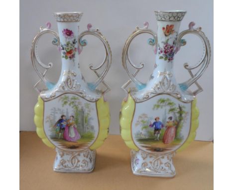 Pair of large Dresden, hand painted vases depicting 18thC figures both front and back, circa 1900, height 35 cm 