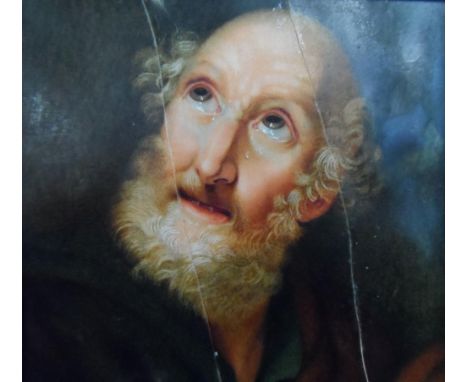Unsigned 19thC watercolour miniature portrait of a saint (a/f) in a later woof frame,The miniature measures 13 x 13 cm 