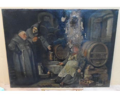 E W Burnett 1914 oil on canvas, "Drunken monk in the wine cellar" - for restoration, unframed,The oil measures 36 x 61 cmNeed