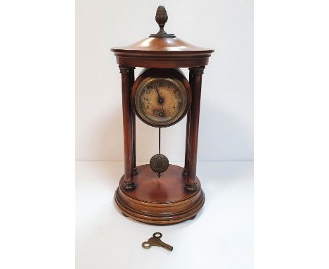 Vintage wooden mantle clock with key, 35 cm tall