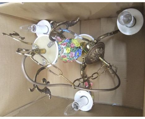 Vintage 3 armed Capodimonte style light fitting in brass &amp; porcelain. 