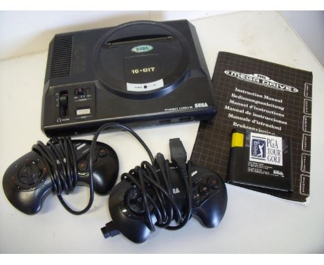 Sega Mega Drive games console including instructions, two controllers and a copy of PGA Tour Golf 
