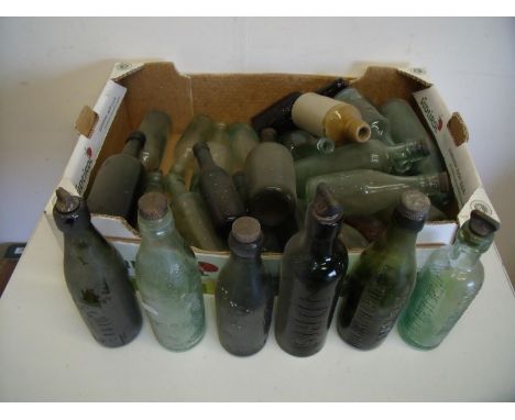 Box containing a selection of various vintage bottles including lemonade bottles, beer bottles etc 