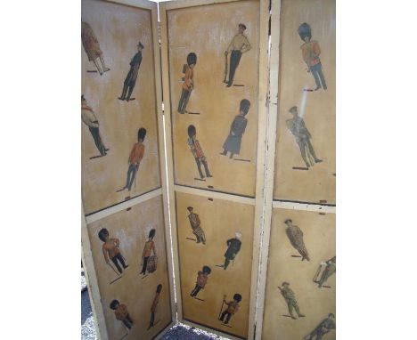 Vintage three sectional wooden screen decorated with various military figures, with various signatures to the rear panel incl