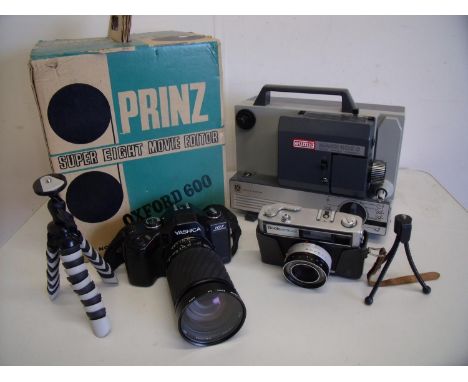 Box of various photographic equipment including cine projectors, Yashica 107 camera etc 