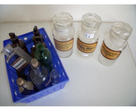 Selection of vintage 19th C and later medicine bottles, apothecary jars etc including a set of three Lozenge Jars for throat 