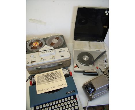 Consort cased reel to reel tape recorder, Denon record player in case, an imperial typewriter, Hanimex Argus slide projector 