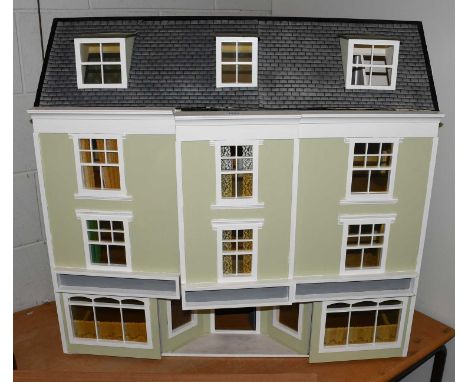 A modern Georgian style double fronted dolls house with lighting, 93cm by 44cm by 87cmThe model is scratch/kit built both chi