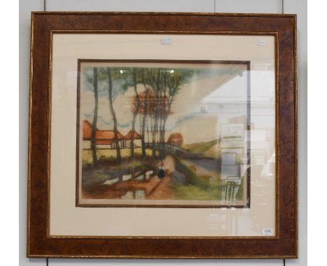 Continental School (20th century) Figures in traditional dress before a rustic buildingIndistinctly signed, a coloured print,