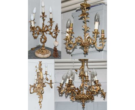 An ormolu six branch chandelier of scrolling acanthus form, approximately 75cm drop; together a similar Neo Rococo five light