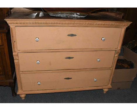 A 19th century painted Continental three height chest of drawers, with bobbin turned mouldings and pot handles, 132cm by 64cm
