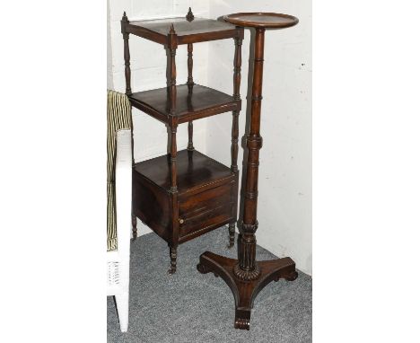 A Regency rosewood three-tier whatnot stand with turned supports and a cupboard base, 38cm square by 117cm; together with a s