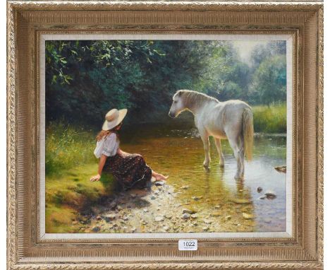 Tony Sheath (b.1946)''On the River Bank''Signed oil on canvas, 39.5cm by 49.5cmVery light surface dirt. Slight stretcher shad