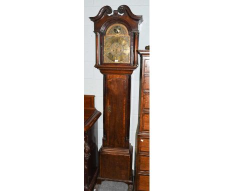 An oak eight day longcase clock, 18th century, 12" arch brass dial with chapter ring signed M Wetherad, K: Lonsdale, anchor e