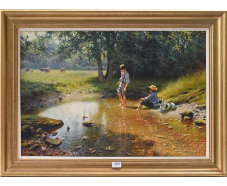 Tony Sheath (b.1946)''Fishing in The River'' Oil on canvas, 50.5cm by 75.5cmVery light surface dirt. The painting has very sl