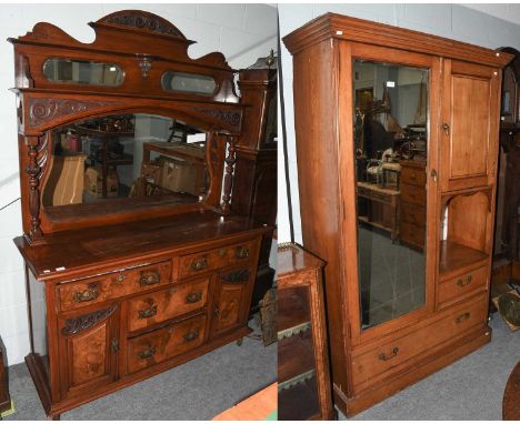 A Victorian light oak mirror fronted compactum wardrobe, 122cm by 50cm by 195.5cm, together with an Edwardian carved walnut m