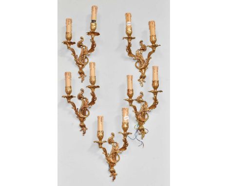 A set of five gilt metal rococo twin light wall sconces (5)